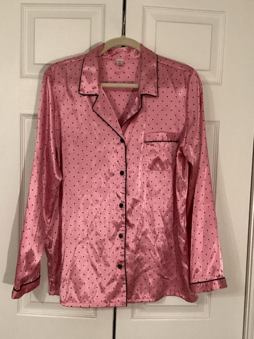 PINK Victoria's Secret Pink Satin Polka Dot Pajama Top with Black Trim Large